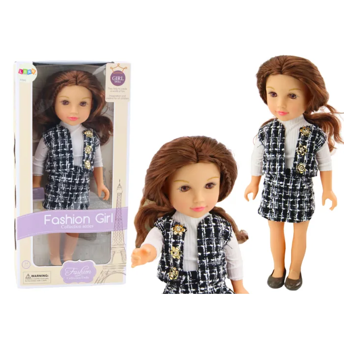 Muñeca con Ropa Elegante a Cuadros y Cabello Marrón