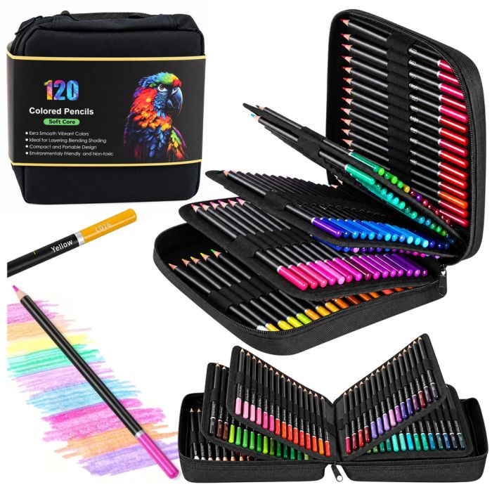 Set de lápices de color de 120 piezas en estuche negro.