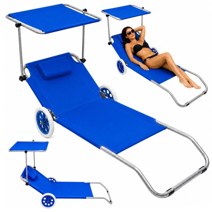 Tumbona Plegable Aluminio con Ruedas y Parasol Azul