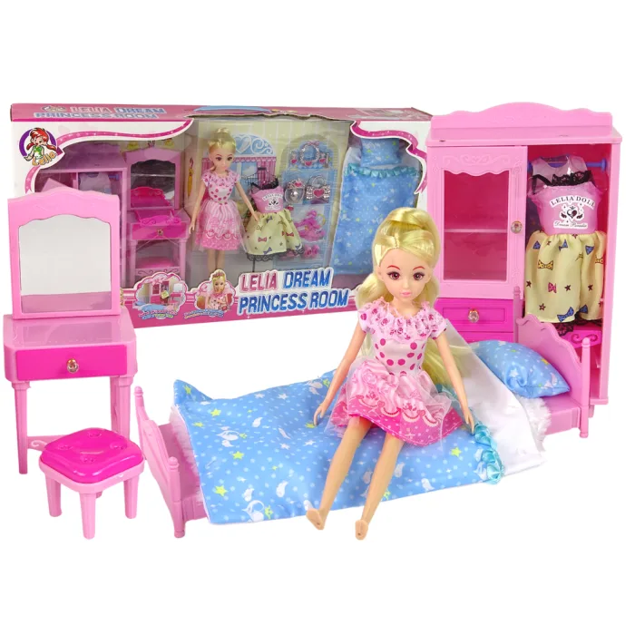 Juego de muñecas con cama, armario y tocador