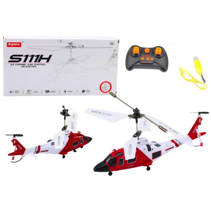 Helicóptero R/C Syma S111H rojo con marco metálico vista lateral
