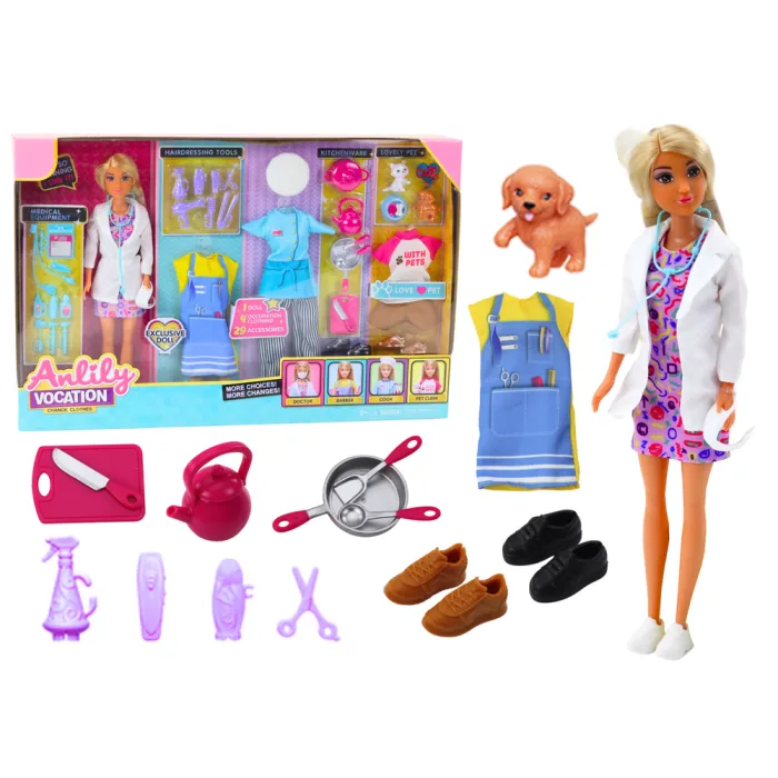 Muñeca Anlily 4 en 1: Doctor, Peluquera, Cocinera y Amante de Animales