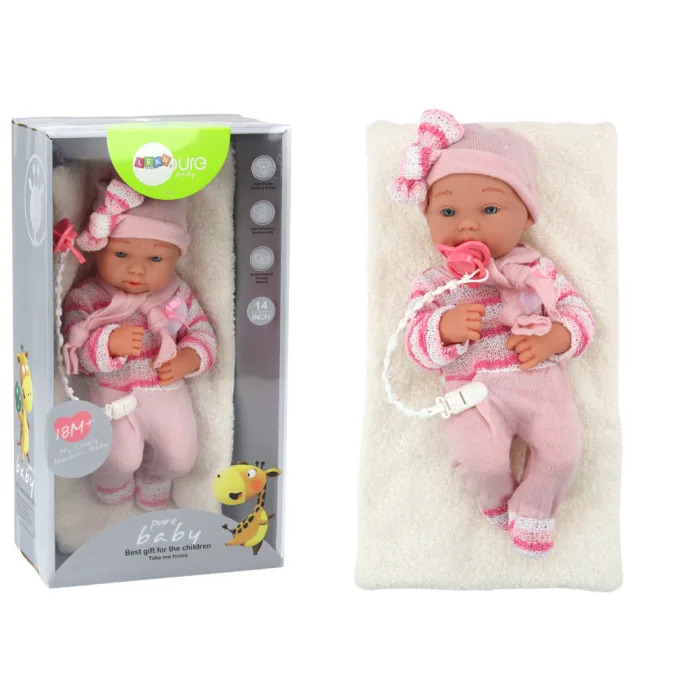 Muñeca con suéter a rayas, gorro y bufanda, rosa