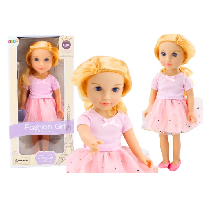 Muñeca con vestido de tul rosa y cabello rubio