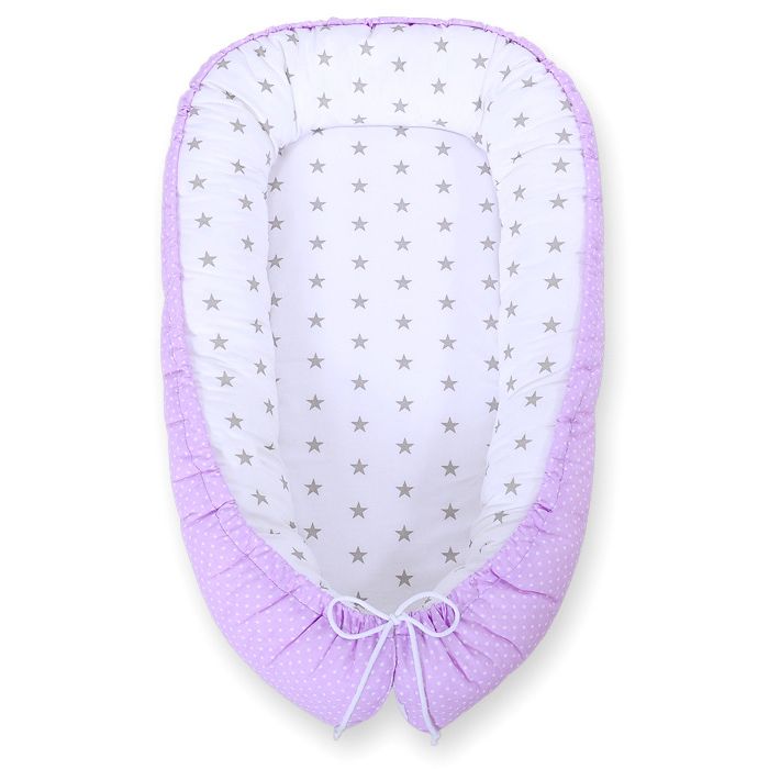 Baby Nest Double-sided Premium Cocoon For Infants Bobono- White Polka Dotd On Lilac/ Grey Stars