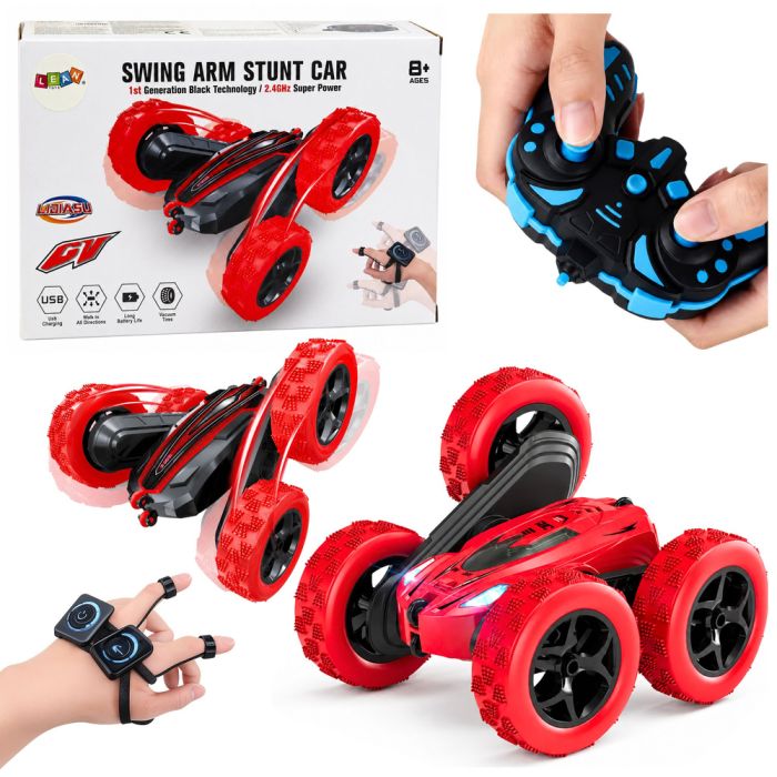 Coche stunt RC en color rojo mostrando su diseño dinámico.