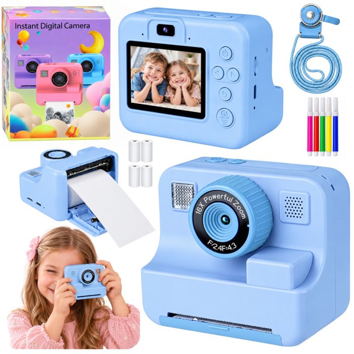 Cámara digital para niños con impresora instantánea en color azul.