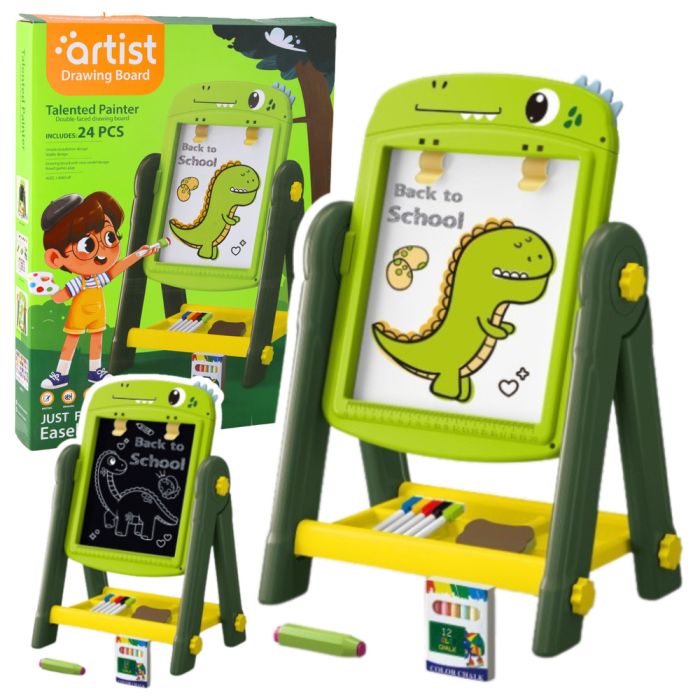 Pizarra magnética doble cara Dinosaurio Verde de Lean toys con accesorios incluidos.