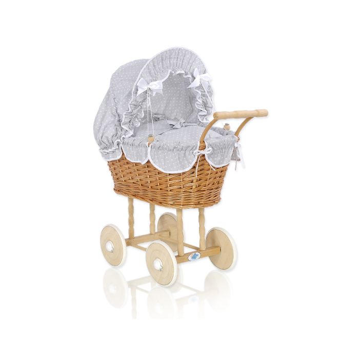 Carrito de Muñecas de Mimbre My Sweet Baby con Ropa de Cama Gris
