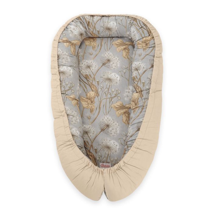 Baby Nest Double-sided Premium Cocoon For Infants Bobono- Dandelions Grey/ Beige