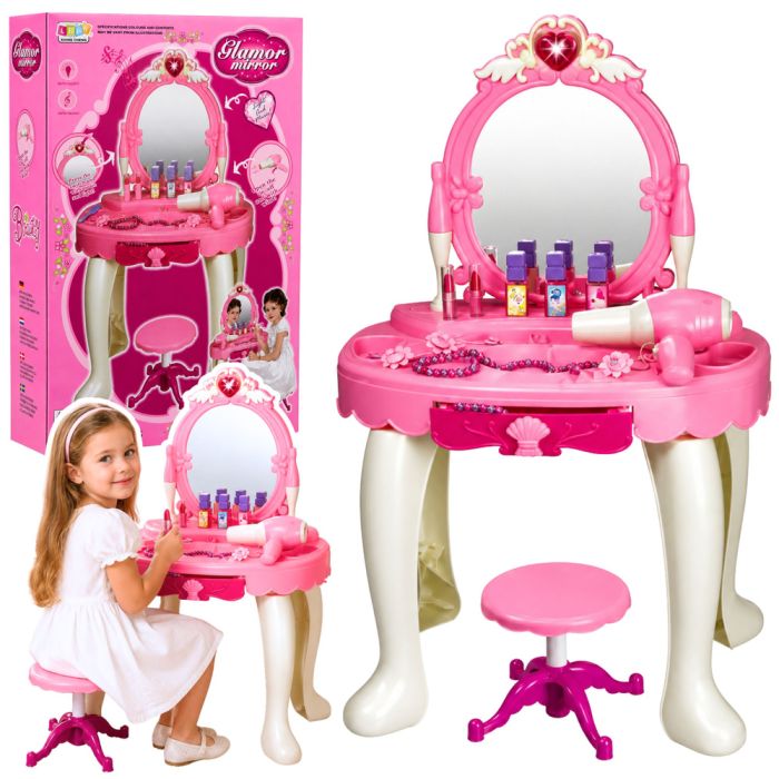Tocador Infantil con Espejo Luz Secador Silla Rosa