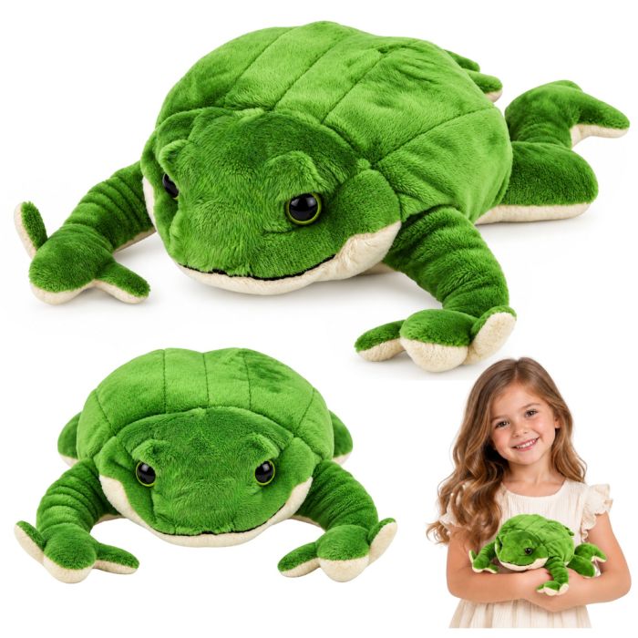 Pez rana de peluche pesado en colores vibrantes y suaves al tacto.