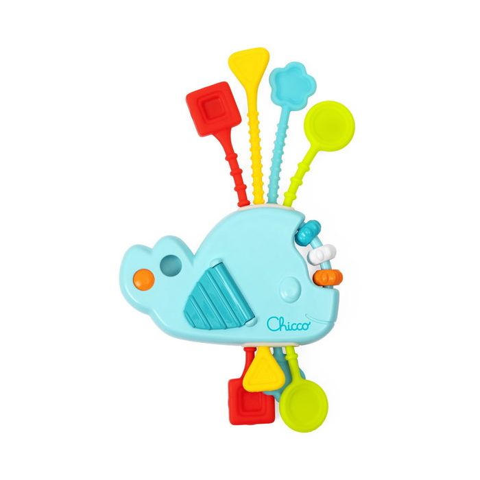 Juguete sensorio Ballena Chicco Toys en acción con cuerdas flexibles.