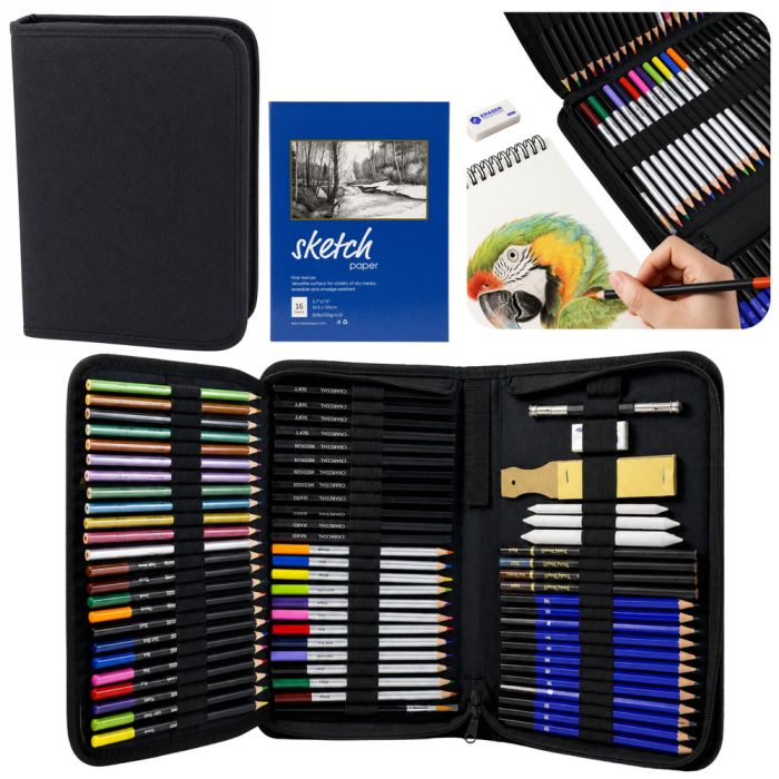 Set de arte de 74 piezas en estuche negro, ideal para dibujar y bocetar.