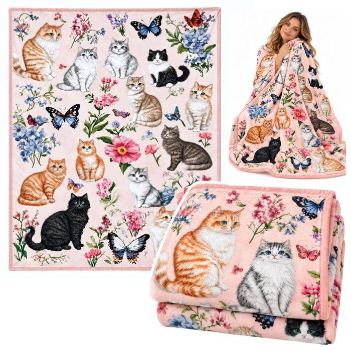 Manta decorativa de Lean con gatos y flores en color rosa.