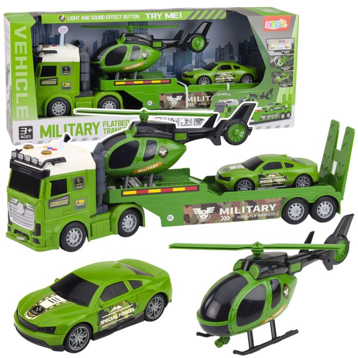 Set Militar con Camión, Grúa, Coche y Helicóptero