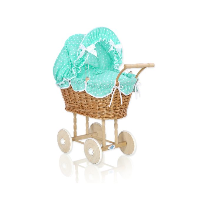 Carrito de muñecas de mimbre My Sweet Baby con ropa de cama mint