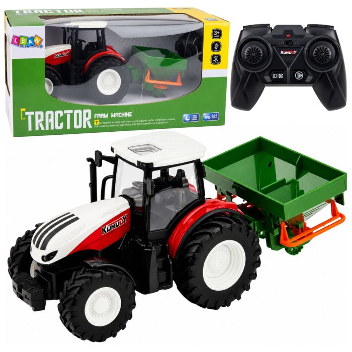 Tractor agrícola RC con sembradora en color rojo, modelo detallado.