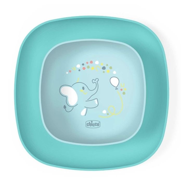 Set de platos Chicco azul, ideal para bebés aprendiendo a comer.