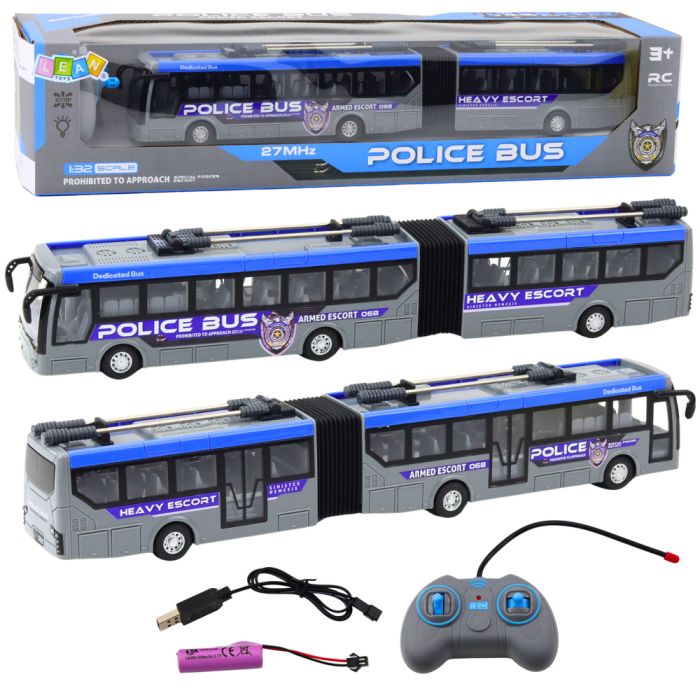 Autobús articulado de policía RC con luces LED y control remoto.