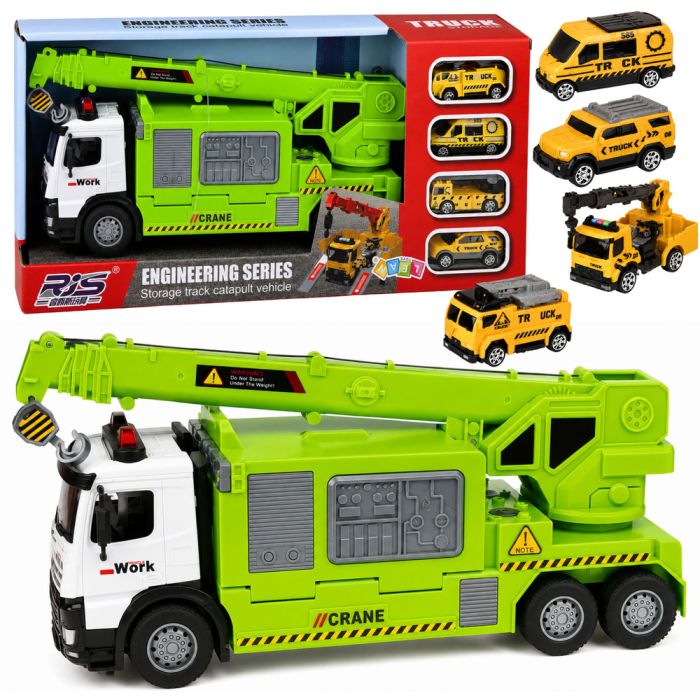 Camión con grúa verde de Lean toys con luces y sonidos.
