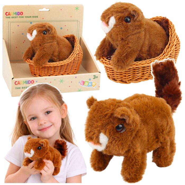 Ardilla de peluche interactiva en cesta que camina
