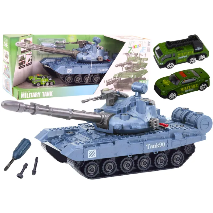 Tanque militar de juguete desmontable azul con orugas negras