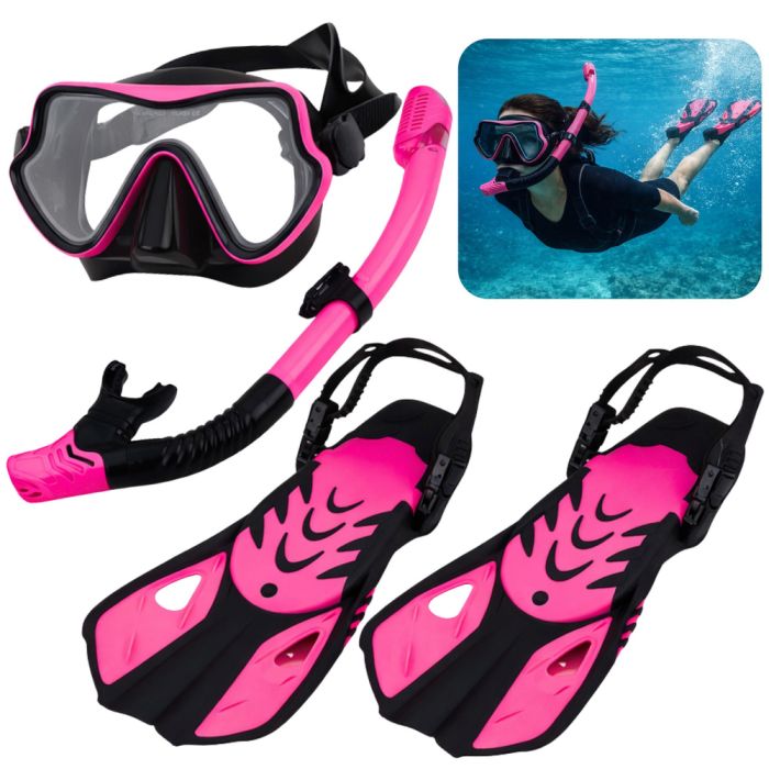 Snorkeling Set, Fins, Glasses, Snorkel, Black and Pink, S/M