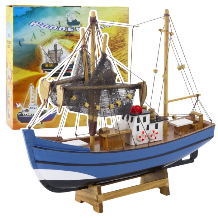 Modelo Decorativo de Barco de Pesca de Madera Azul 30x26cm