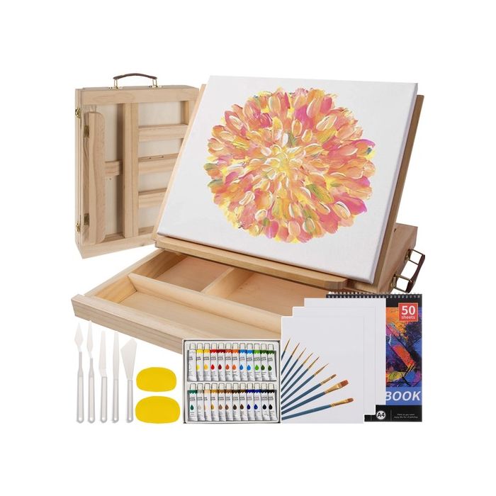 Set de Pintura 46 Piezas en Maleta de Madera con Caballete y Lienzos