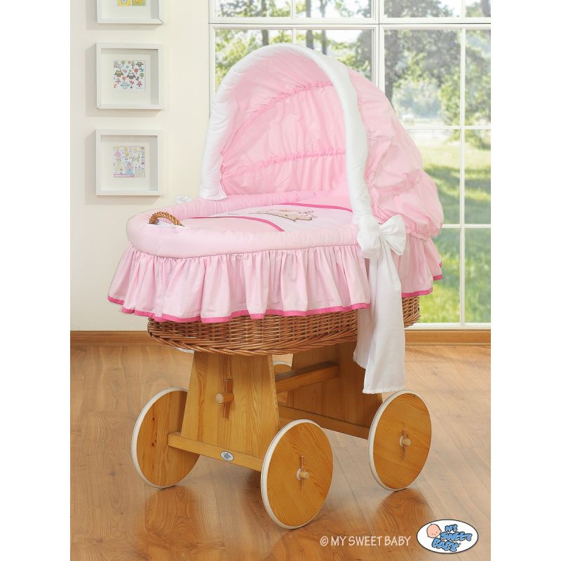 Moisés de Mimbre Teddy Bear Barnaba Rosa – Cesta Natural con Ropa de Cuna y Base de Madera