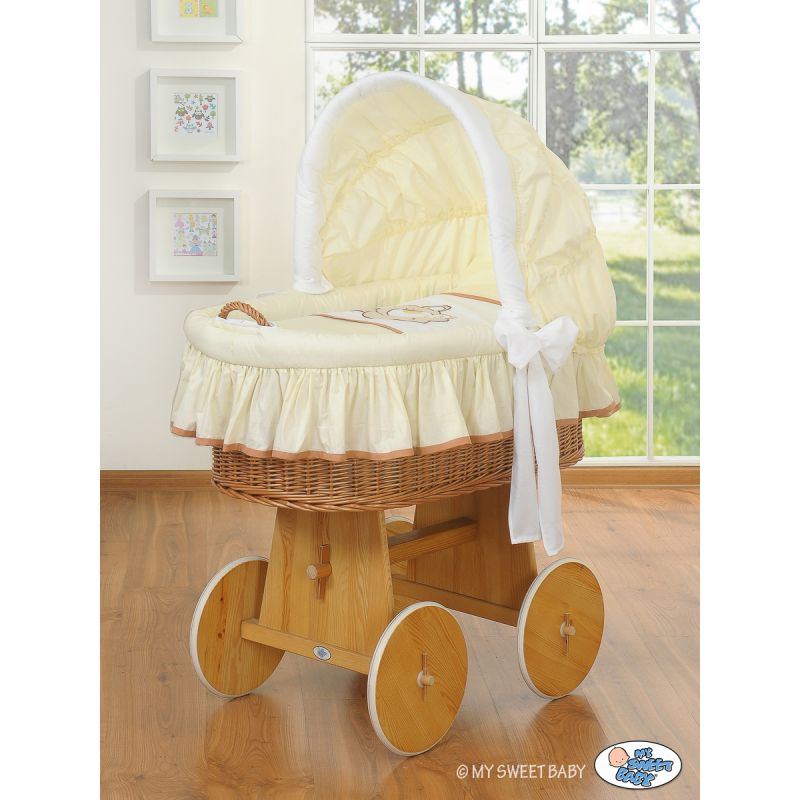 Moisés de Mimbre Teddy Bear Barnaba Crema – Cesta Natural con Capota y Ropa de Cuna