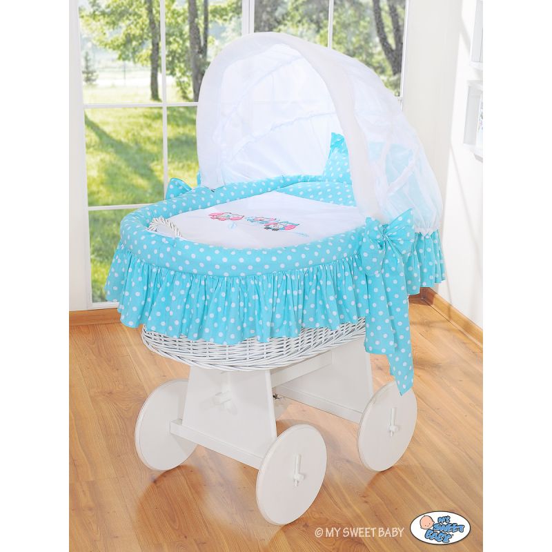 Moisés de Mimbre Owls Turquesa – Cesta Natural con Capota y base con Ruedas - Azul y Blanco