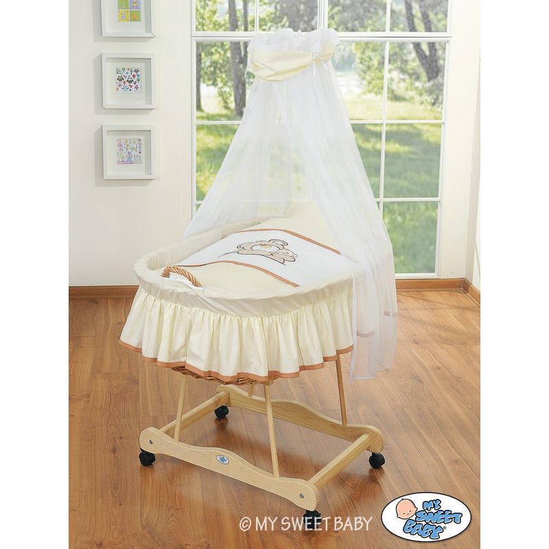 Cuna moisés de mimbre blanco con dosel crema Teddy Bear Barnaba – vista frontal