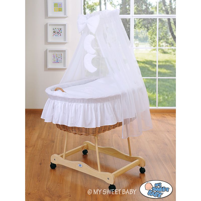 Cuna moisés de mimbre natural con dosel blanco Good Night – vista frontal