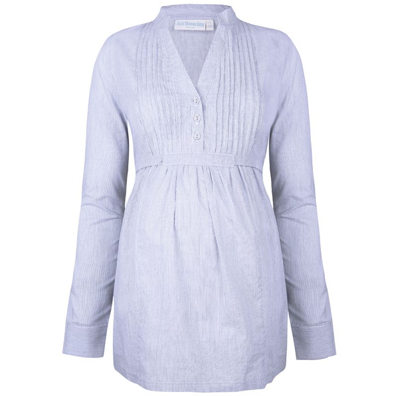 Camisa premamá de micro rayas azules y blancas, talla XL, cómoda y elegante para futuras mamás.