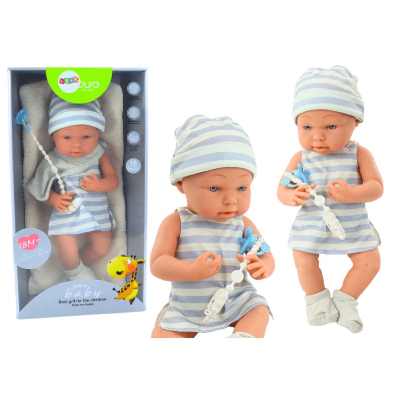 Muñeca Bebé con Ropa Azul y Blanca, Chupete, Babero y Manta – 42 cm