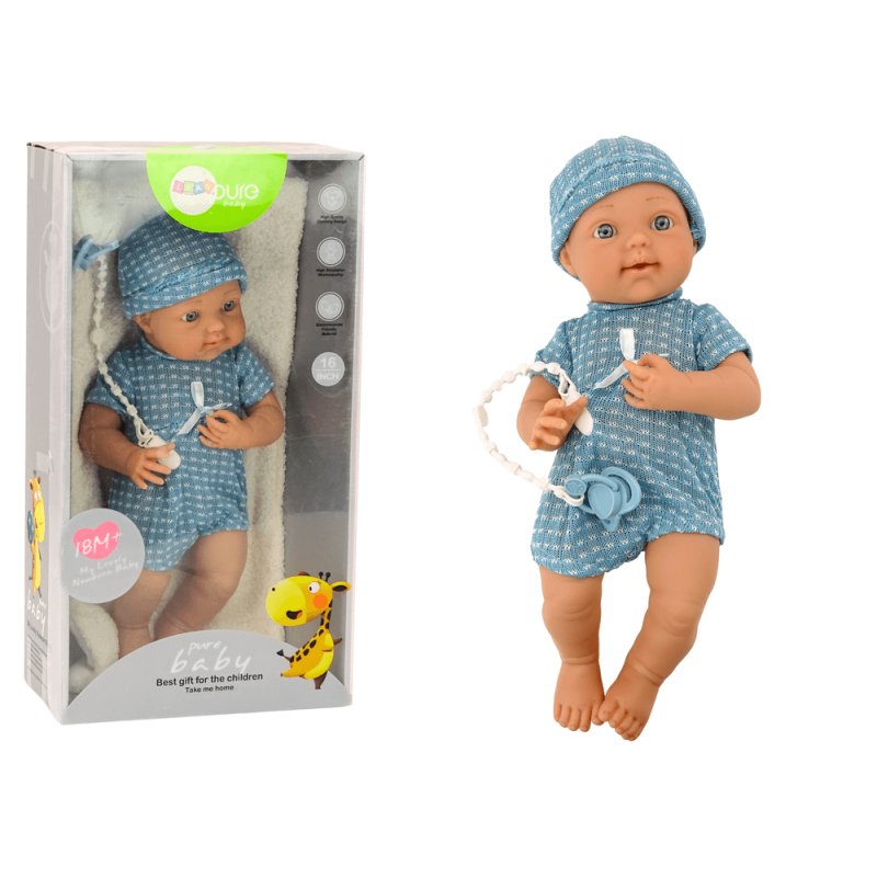 Muñeca Bebé con Ropa Azul, Gorro, Chupete y Manta – 39 cm