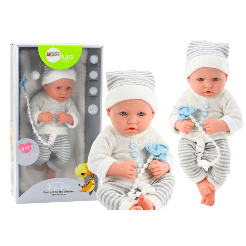 Muñeca Bebé con Ropa de Rayas Blancas y Grises, Chupete y Manta – 35 cm - imagen 2