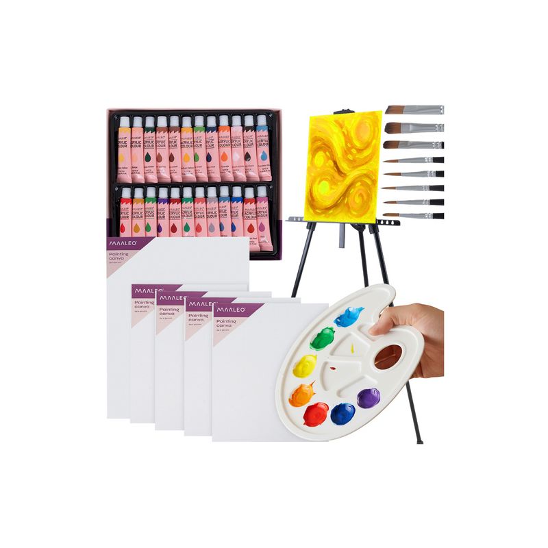 Set de Pintura XXL Maaleo con Caballete de Aluminio – 24 Pinturas Acrílicas, Lienzos, Pinceles y Paleta