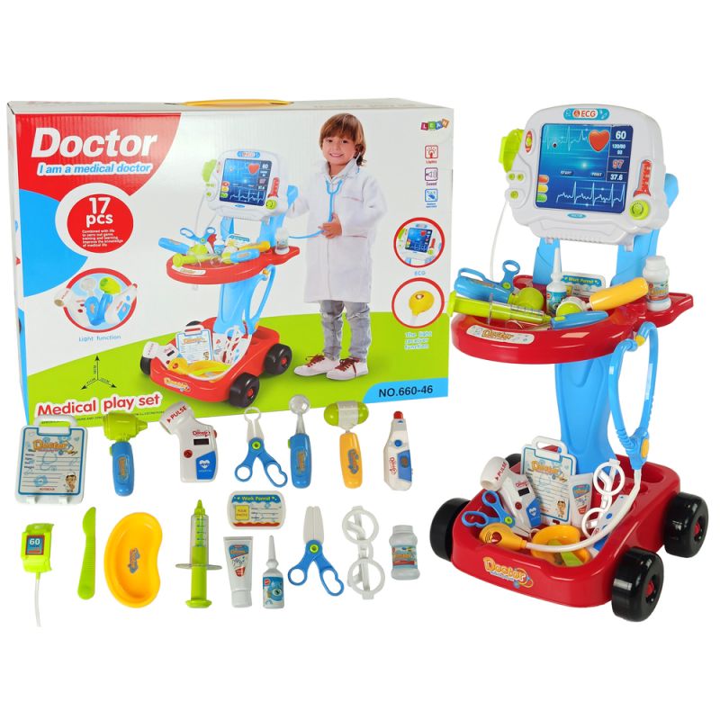Carrito Médico Infantil LEAN Toys - Set de Doctor con 17 Piezas