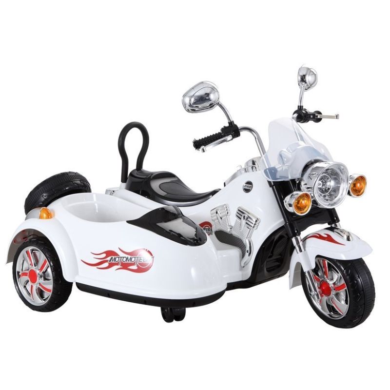 Moto eléctrica para niños SX138 de 12V en blanco, con doble motor y panel de música MP3 para diversión infantil.