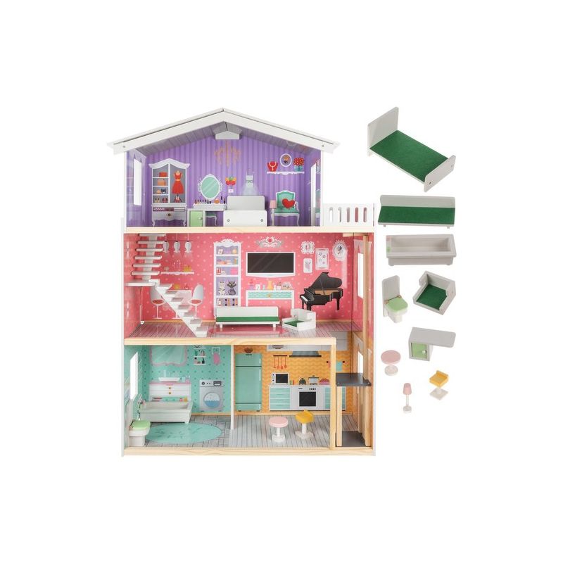 Casa de Muñecas de Madera XL 114 cm con Ascensor y Mobiliario – Villa de 3 Niveles Totalmente Equipada