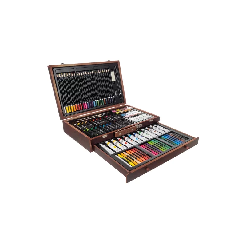 Set de Pintura Artística 130 Piezas con Maletín de Madera – Lápices, Acuarelas, Pasteles, Pinceles y Más