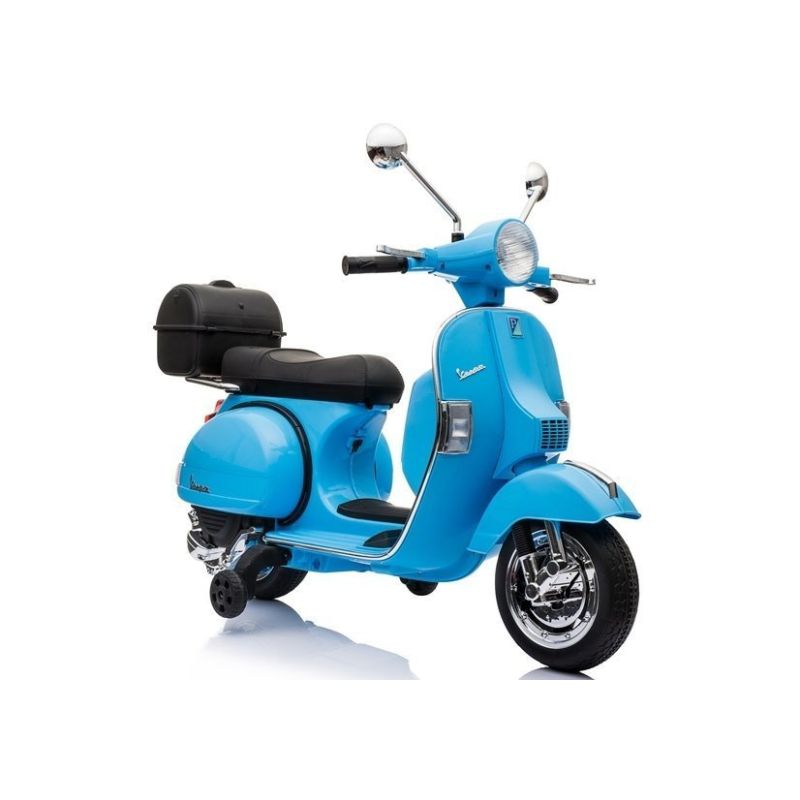 Scooter Eléctrico Infantil Vespa Azul con Asiento de Piel y Ruedas EVA
