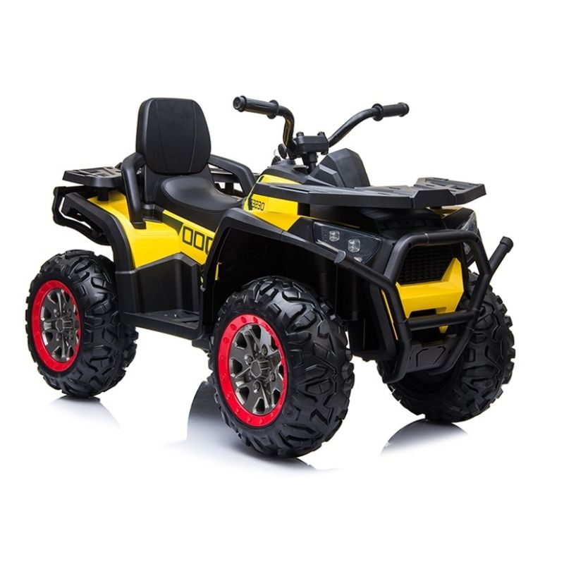 Quad eléctrico infantil XMX607 en color amarillo con batería de 12V, 4 motores de 45W, luces LED y asiento de piel sintética. Diversión segura para niños desde 3 años.