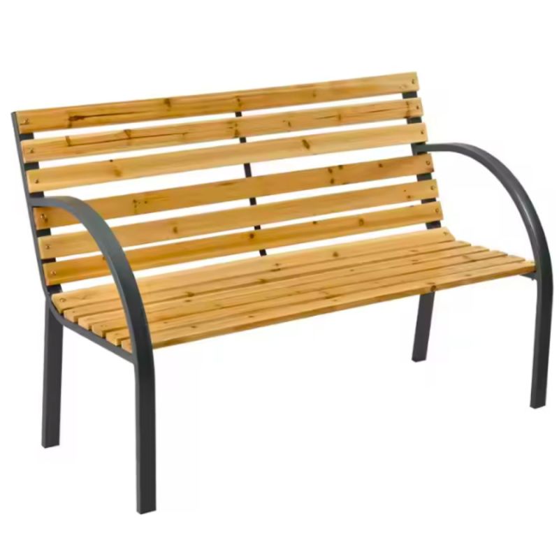 Banco de jardín de madera y metal con respaldo ergonómico