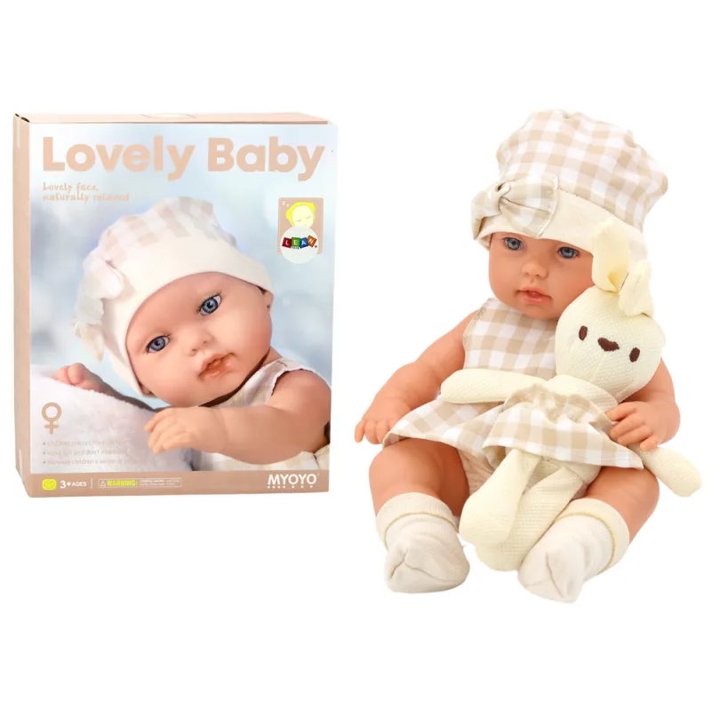 Muñeca bebé Lean Toys con portabebés y conejo beige · 30 cm · 3+ años