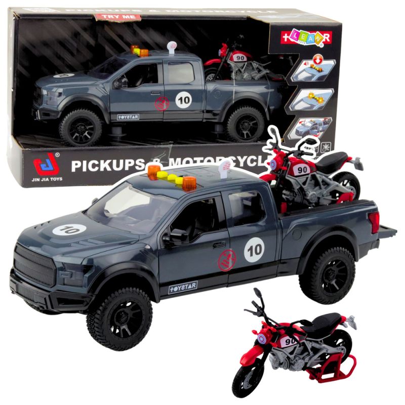 Camioneta pickup con motocicleta, luces y sonidos gris 1:12