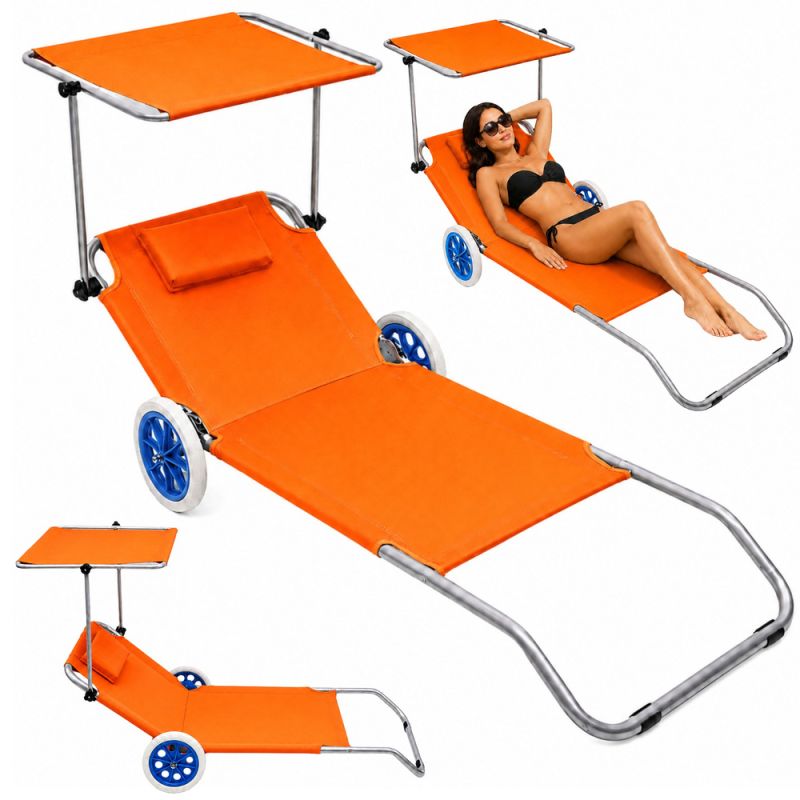 Tumbona Plegable de Aluminio con Ruedas y Parasol Naranja 150x52 cm 